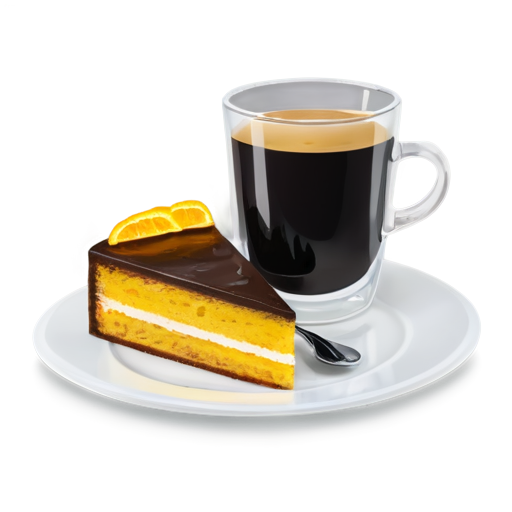 cake on a plate and coffee in a glass next to the plate in yellow-orange colors - icon | sticker