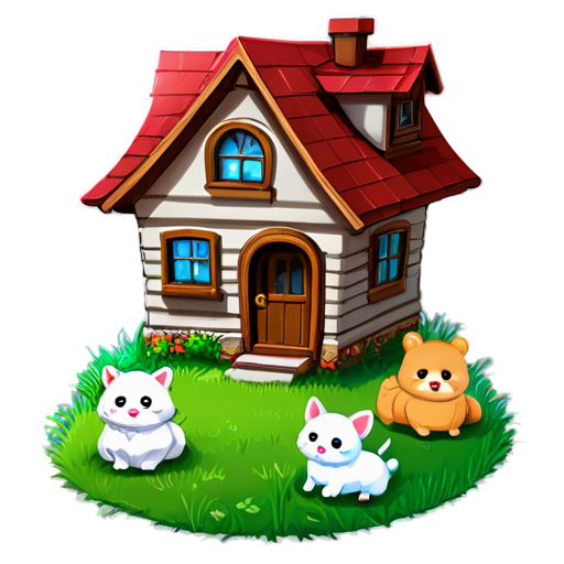 There is a house on the grass and there are animals around. - icon | sticker