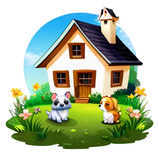 There is a house on the grass and there are animals around. - icon | sticker