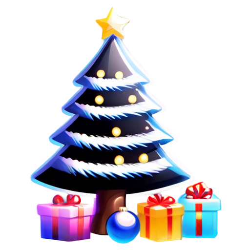 New Year tree decorated with balls and garlands. gifts under the tree. fireworks behind the tree - icon | sticker