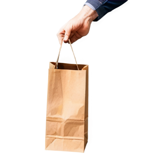 a man's hand holds a paper bag by the handles, on a white background - icon | sticker