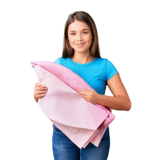 pink background. girl designer with fabric in her hands. - icon | sticker