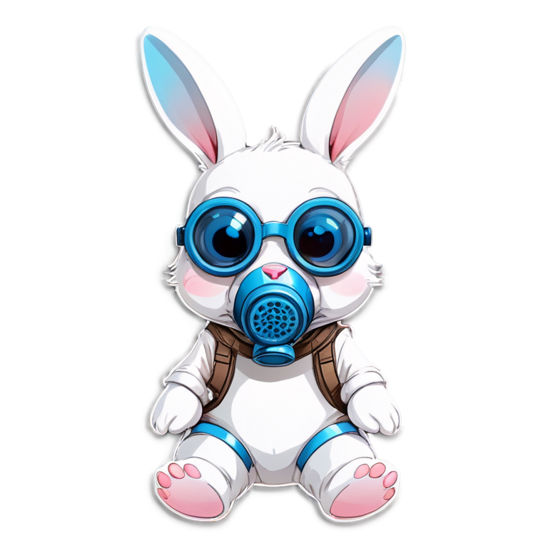 cute white rabbit wearing a pastel pink and blue gas mask - icon | sticker