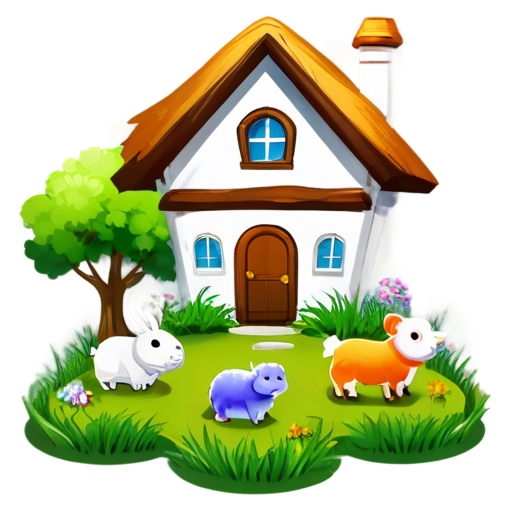 There is a house on the grass and there are animals around. - icon | sticker