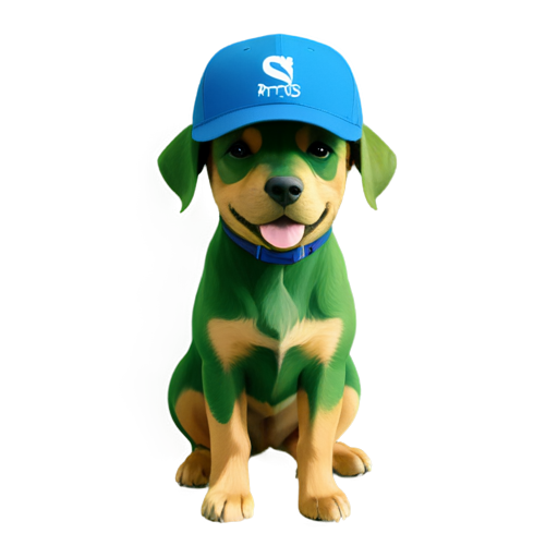 Happy blue and green dog with a cap with the inscription "————-" - icon | sticker