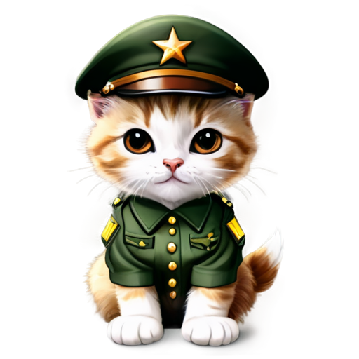 Mad girl kitten with brown eyes in army generals uniform and hat with generals star cartoon - icon | sticker