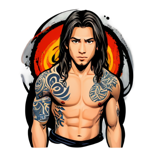 Young man with long hair and tribal tattoos., 18 years old, 1.85 meters tall, shirtless, strong muscles, ready to attack in the fighting arena, eyes firm and lethal - icon | sticker