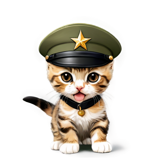 Yelling girl kitten with brown eyes in army generals uniform and hat with generals star cartoon - icon | sticker