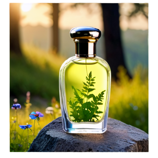 promotional photo, detailed shot of a perfume bottle, the bottle stands in the forest on a stone with herbs and wildflowers, dawn, bright light, deep colors, soft shadows, a ray of sun falls on the bottle, bright shades of greenery and flowers, blue sky at dawn, pure nature, best quality, product placement, focal photo on The bottle - icon | sticker