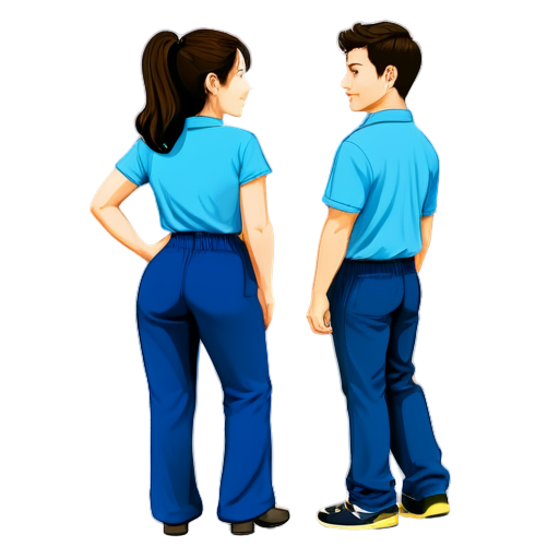 Create a cartoon image, in the style of a children's book illustration, in which two Adults who is the child's parents and a child in a blue jumpsuit.The child should be depicted from behind, showing a playful and innocent look. - icon | sticker