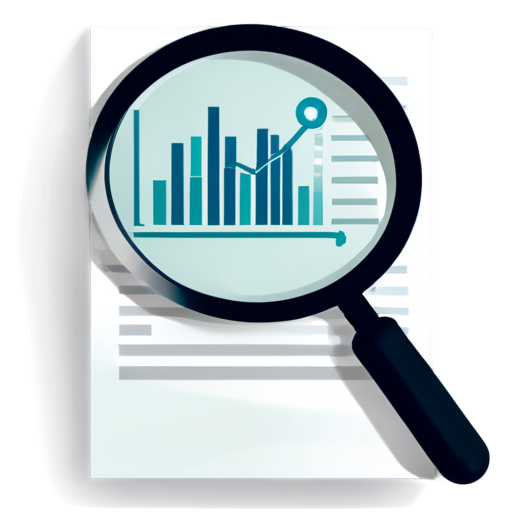 Icon with a magnifying glass examining a document containing graphs, indicating a thorough check of compliance with standards. minimalistic flat - icon | sticker