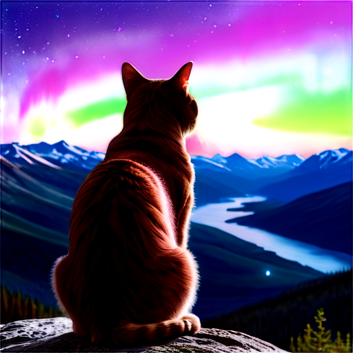 mountains, northern lights, pink, blue, cat looking at a beautiful view - icon | sticker