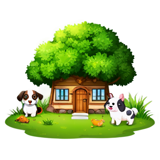 There is a house on the grass and there are animals around. - icon | sticker