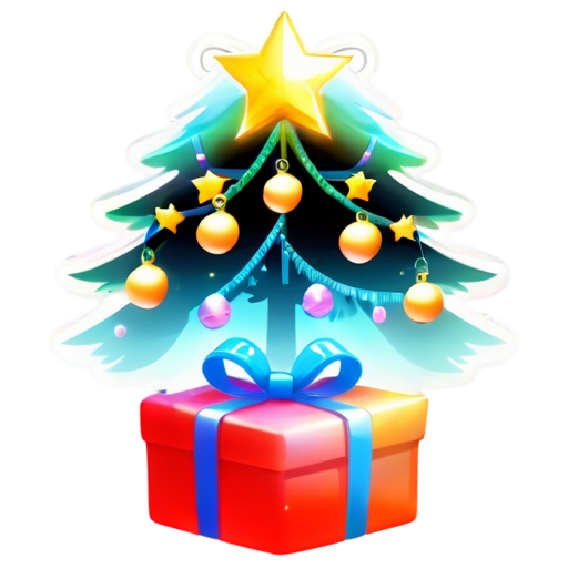 New Year tree decorated with balls and garlands. fireworks in the sky. gifts under the tree. - icon | sticker