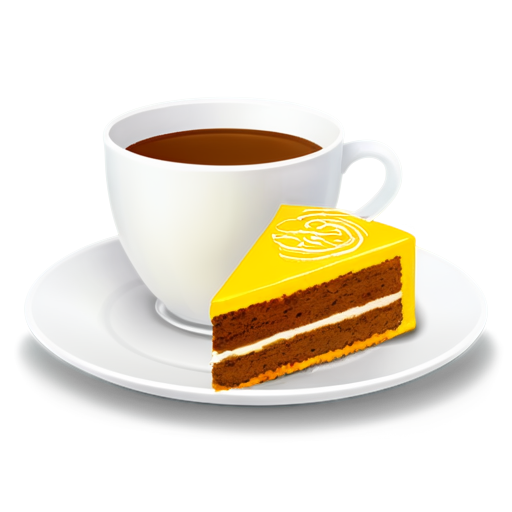 a cup of coffee and a cake on a plate in yellow-orange colors - icon | sticker