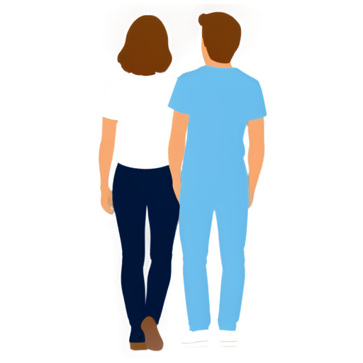 Create a cartoon image, in the style of a children's book illustration, in which two Adults who is the child's parents and a child in a blue jumpsuit.The child should be depicted from behind, showing a playful and innocent look. - icon | sticker