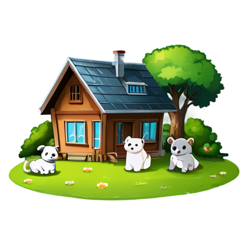 There is a house on the grass and there are animals around. - icon | sticker