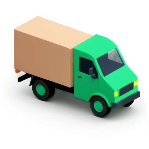 Create a minimalistic isometric icon of a delivery truck. The truck should have a modern design with smooth lines and a friendly appearance. Use a deep green color palette to match the overall aesthetic of the product card. The background should be simple and unobtrusive. - icon | sticker