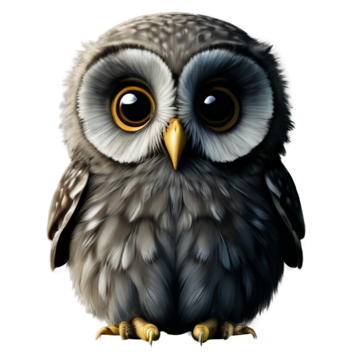 A small owl with large round eyes, a small beak, and tiny wings. Use soft, earthy tones like light browns and grays. - icon | sticker