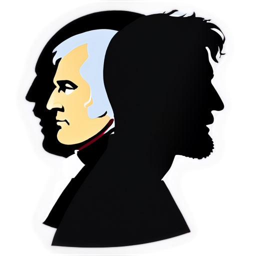 *Create an icon featuring a silhouette of three ! three! thinkers (Hegel, Feuerbach, Marx) ! with a question mark above, representing their theories on alienation.* - icon | sticker