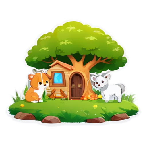 There is a house on the grass and there are animals around. - icon | sticker