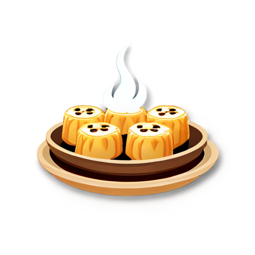 create a dimsum icon with emoticons and make it look like the dimsum is covered in fire and smoking - icon | sticker