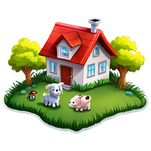 There is a house on the grass and there are animals around. - icon | sticker