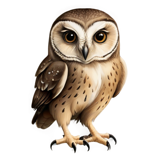 A small owl with large round eyes, a small beak, and tiny wings. Use soft, earthy tones like light browns and grays. - icon | sticker