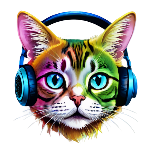 A rainbow cat head with headphones - icon | sticker