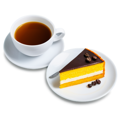 cake on a plate and coffee in a glass next to the plate in yellow-orange colors - icon | sticker