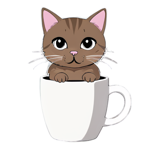 A coffee mug is drawn with one line, and a cat is inside - icon | sticker