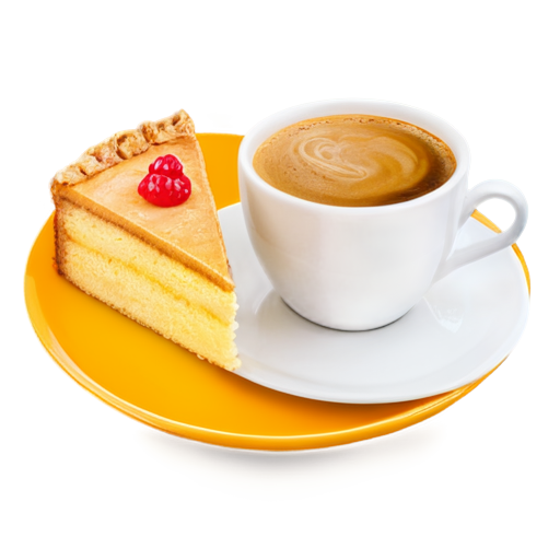 a cup of coffee and a cake on a plate in yellow-orange colors - icon | sticker