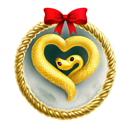 golden snake coiled in the shape of a heart against the background of a Christmas tree with gifts 2025 - icon | sticker