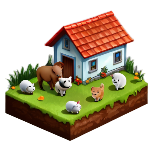 There is a house on the grass and there are animals around. - icon | sticker