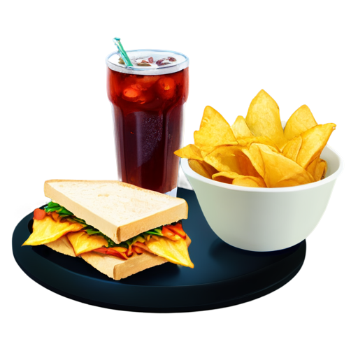 sandwitch and potato chips on a plate, and a soft drink - icon | sticker