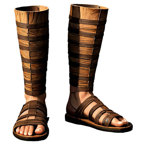 Medieval simple roman knee-length sandals made of tree bark stripes - icon | sticker