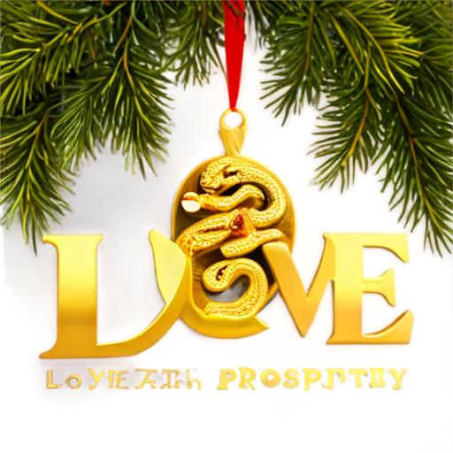 the inscription in gold letters "Love, health, prosperity!" against the background of a New Year tree and the symbol of the year - the snake - icon | sticker