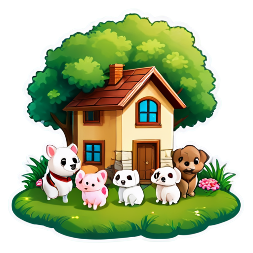 There is a house on the grass and there are animals around. - icon | sticker