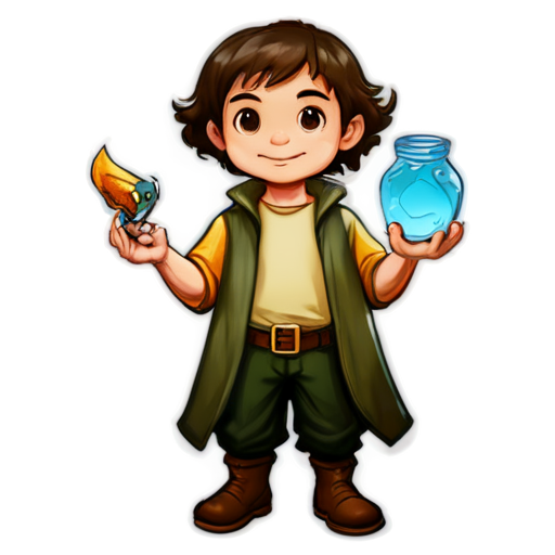 The fisherman is a halfling with magical power, holding a jar with a worm in his right hand, and casting a spell with his left - icon | sticker