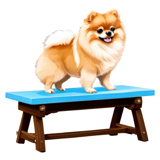 beautiful pomeranian dog on fitness plank from side, golden pomeranian spitz, no humans, no lineart, dark plank, simple background - icon | sticker