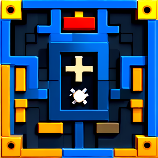 Design of simple game logo with maze elements in cells. Flat topdown 2d icon, maze made of elements with different colors. Lego roblox style You can merge that elements. And balls flies in that maze and earn money for the player - icon | sticker