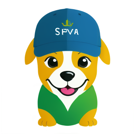 Happy blue and green dog with a cap with the inscription "————-" - icon | sticker