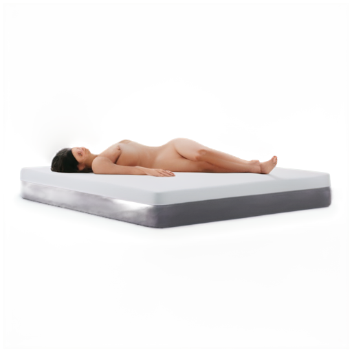 Design an icon featuring a balanced human silhouette standing on a mattress. The silhouette should be stylized and simplified, positioned so that its body appears to be evenly distributed across the mattress surface. Use gentle curves for the silhouette to convey comfort and relaxation. The mattress can be shown in a flat, modern style with soft colors. The background should remain plain to emphasize the silhouette and mattress. - icon | sticker