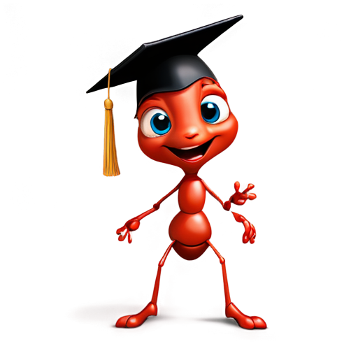 A cute 3d red ant wearing a black graduation cap stands on two legs - icon | sticker