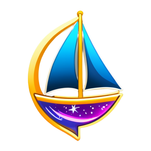 Design a logo of a sailboat in the universe. The background of the logo is full of planets and elements, and the sailboat should be in the middle. The colors of the logo are blue, gold and purple. - icon | sticker