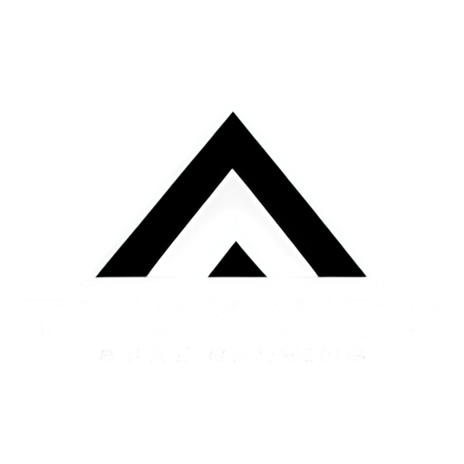 Minimalist black-and-white logo for 'Truskavets Marketing,' featuring a sharp silhouette of a mountain with triangular peaks, modern geometric design, clean bold sans-serif font for the text below the mountain, no additional elements like trees or lines, highly professional and scalable design, simple and elegant - icon | sticker