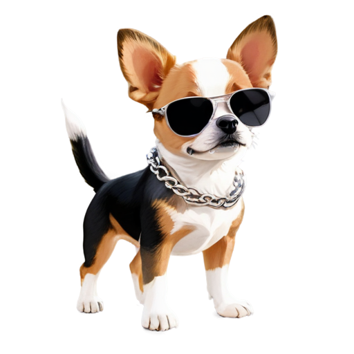 cute small dog not realistic, flat, with sunglasses and a big link chain - icon | sticker