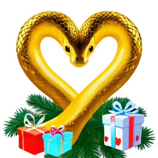 against the background of a New Year tree with gifts, a beautiful golden snake in the shape of a heart - icon | sticker