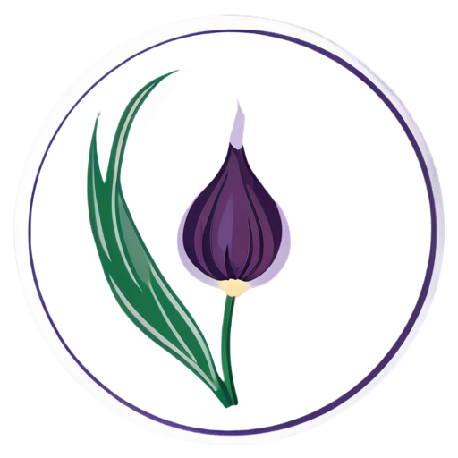 Onion leafs and small circle orbit around it, flat colors are white and purple, purple outline - icon | sticker