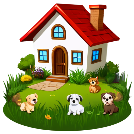 There is a house on the grass and there are animals around. - icon | sticker